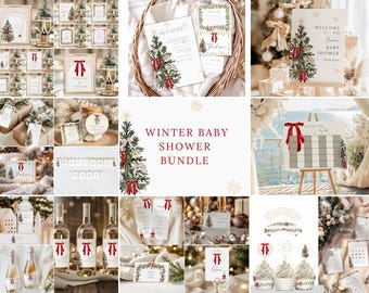 May include: A winter baby shower stationery bundle featuring a Christmas tree and red ribbon motif. The collection includes invitations, welcome signs, thank you tags, wine labels, cupcake toppers, and game cards with white, red, and green accents.