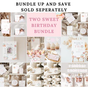 Op de afbeelding: Een set met printbare roze en witte verjaardagversieringen met de tekst "Two Sweet Birthday Bundle". De set bevat een welkomstbord, cupcaketoppers, cadeaulabels, een banner en fotokaarten.