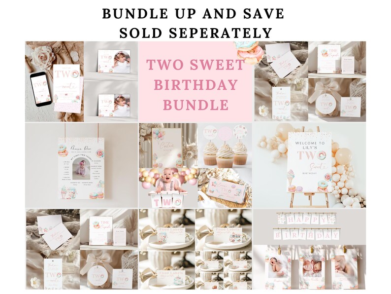 Op de afbeelding: Een set met printbare roze en witte verjaardagversieringen met de tekst "Two Sweet Birthday Bundle". De set bevat een welkomstbord, cupcaketoppers, cadeaulabels, een banner en fotokaarten.