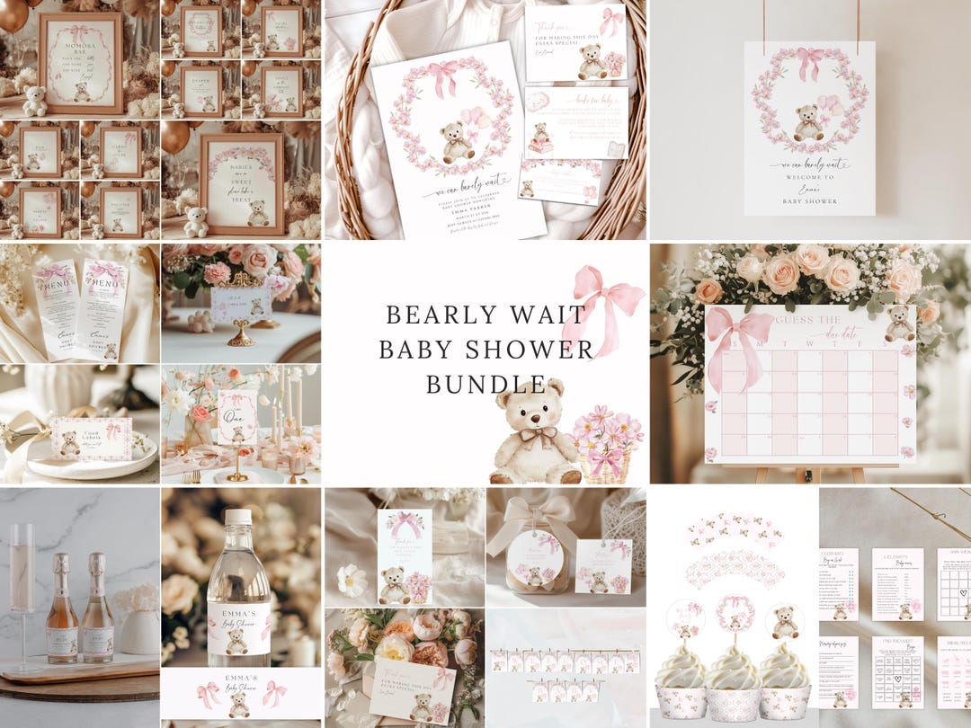 We Can Bearly Wait Baby Shower Bundle, Pink Teddy Bear Baby Shower ...