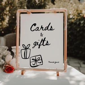 Placa de cartões e presentes desenhados à mão, placa de presente de casamento para impressão, sinalização de mesa de presente de casamento retrô e caprichosa