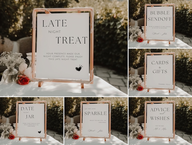 Pode incluir: Seis placas com fundo branco e texto preto em suportes de madeira. As placas s&atilde;o para um casamento e incluem o texto: "Late Night Treat", "Bubble Sendoff", "Cards & Gifts", "Date Night Jar", "Let the Love Sparkle" e "Advice & Wishes".