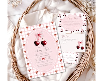 Cherry Baby Shower Invitation, Cherry on top Invite Set, Coquette Pink Bow Berries, Girl Baby Shower, Editable Instant Download, Ch2