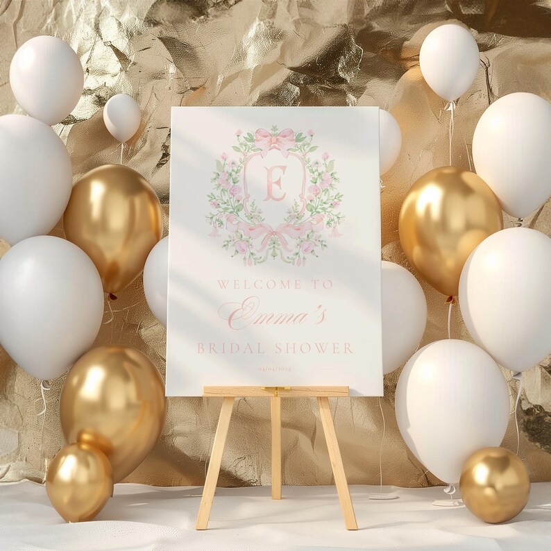 Chinoiserie Monogram Bridal Shower Welcome sign, Bridal Shower, Pink Floral Crest bridal shower, Victorian French Toile De Jouy Welcome sign