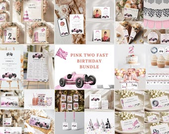 Pink Two Fast Race Car Party Bundle, Vintage Race Car 2nd Birthday Invitation Bundle, Race Car Decorations, two fast birthday decorations