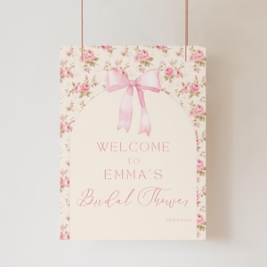 Vintage Pink Bow Rose Toile Bridal Shower Welcome Sign, Editable Pink Bow Bridal Shower, Shabby Chic Bridal Shower, Bridal Shower, D23