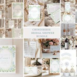 Chinoiserie Bridal Shower Bundle, Green and Blue Floral Crest bridal shower, Victorian French Toile De Jouy Bridal Shower Bundle, Bridal