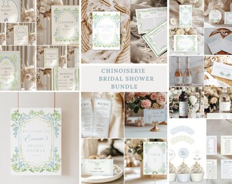 Chinoiserie Bridal Shower Bundle, Green and Blue Floral Crest bridal shower, Victorian French Toile De Jouy Bridal Shower Bundle, Bridal