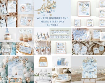 May include: A Winter Wonderland themed first birthday party printable bundle with blue, white, and gold decorations. The bundle includes a welcome sign, thank you cards, cake toppers, party hats, food labels, and more.