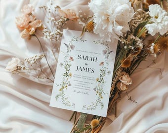 Wildflower Wedding Invitation, Garden Wedding,   Elegant Wildflower Wedding Invite, Printable Boho Floral invite, Printable Invitation W1
