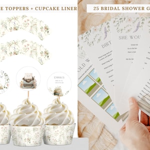 May include: A set of cupcake toppers and liners featuring floral patterns, alongside 25 bridal shower game cards. The toppers display text including Bride to be, Emma's Bridal Shower, and a typewriter graphic. The game cards feature printed text.
