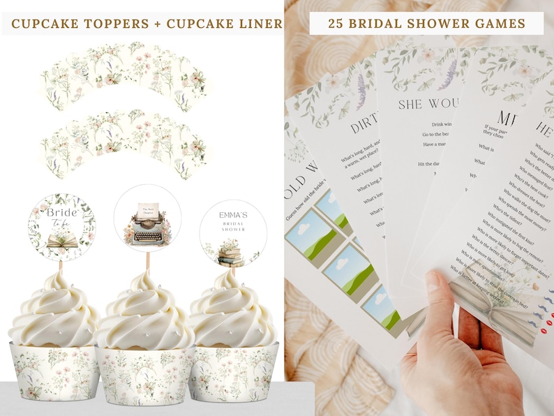 May include: A set of cupcake toppers and liners featuring floral patterns, alongside 25 bridal shower game cards. The toppers display text including Bride to be, Emma's Bridal Shower, and a typewriter graphic. The game cards feature printed text.