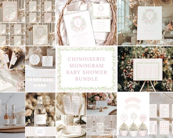 Chinoiserie Monogram Baby Shower Bundle, Pink Floral Crest Baby Shower, Victorian French Toile De Jouy Baby Shower, Baby Shower Invite