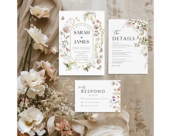 Wildflower Wedding Invitation, Garden Wedding,   Elegant Wildflower Wedding Invite, Printable Boho Floral Invite, Printable Invitation WN12