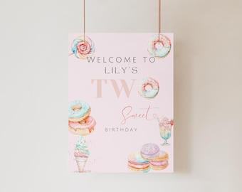 Two Sweet Birthday Welcome sign, 2nd Birthday Girl,  Donut Welcome sign Blush Pink Two Dessert Welcome sign, Two Sweet Invitation Girl, BD9