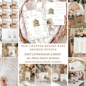 May include: A collection of baby shower party supplies with a floral and book theme. The bundle includes invitations, games, and decorations. The text "New Chapter Begins Baby Shower Bundle" is visible.