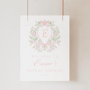 Chinoiserie Monogram Bridal Shower Welcome sign, Bridal Shower, Pink Floral Crest bridal shower, Victorian French Toile De Jouy Welcome sign