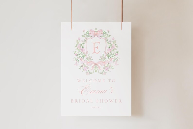 Chinoiserie Monogram Bridal Shower Welcome sign, Bridal Shower, Pink Floral Crest bridal shower, Victorian French Toile De Jouy Welcome sign