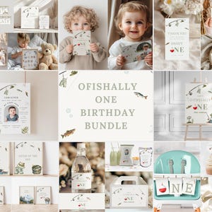 May include: A collection of party decorations with a fishing theme, including signs, banners, and cupcake toppers. The color palette is soft, with shades of beige, green, and blue. The text "Ofishally One Birthday Bundle" is visible.