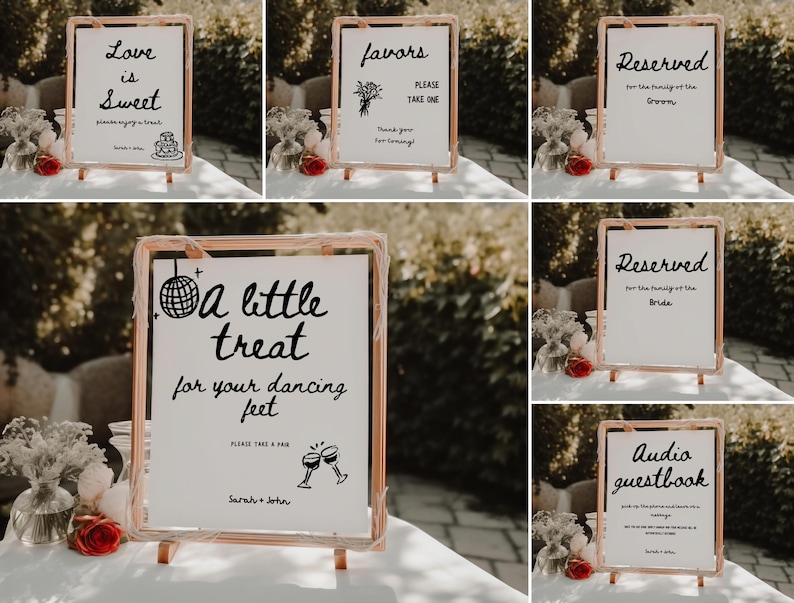 May include: A set of six wedding signs with black calligraphy on white backgrounds. The signs are displayed on wooden easels. The signs include "Love is Sweet", "Favors Please Take One", "Reserved for the Family of the Groom", "Reserved for the Family of the Bride", "A Little Treat for Your Dancing Feet", and "Audio Guestbook".