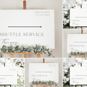 Pode incluir: Sinaliza&ccedil;&atilde;o de casamento branca com texto preto e setas apontando para a direita. As placas incluem o texto "Shuttle Service This Way", "Parking This Way", "Restrooms This Way", "Wedding This Way", "The Party Is This Way" e "Reception This Way".