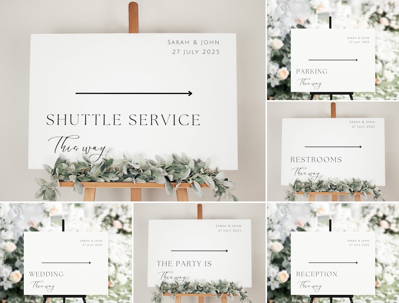 Pode incluir: Sinaliza&ccedil;&atilde;o de casamento branca com texto preto e setas apontando para a direita. As placas incluem o texto "Shuttle Service This Way", "Parking This Way", "Restrooms This Way", "Wedding This Way", "The Party Is This Way" e "Reception This Way".