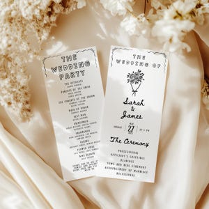 Pode incluir: Dois programas de cerimónia de casamento brancos com texto preto. Um programa lista os membros do casamento, incluindo o oficiante, os pais e o cortejo nupcial. O outro programa anuncia a cerimónia para Sarah e James, com data e hora.