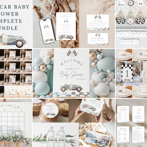 Pacchetto per baby shower a tema auto da corsa, pacchetto di inviti per baby shower a tema auto da corsa d'epoca, decorazioni per feste a tema auto da corsa, due decorazioni veloci per compleanni