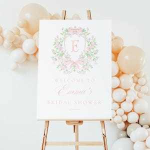Chinoiserie Monogram Bridal Shower Welcome sign, Bridal Shower, Pink Floral Crest bridal shower, Victorian French Toile De Jouy Welcome sign