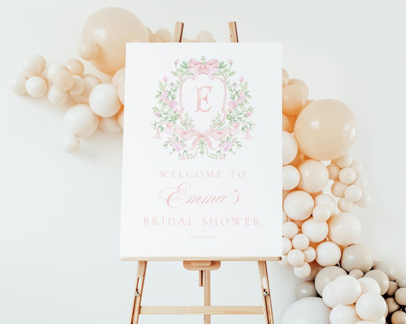 Chinoiserie Monogram Bridal Shower Welcome sign, Bridal Shower, Pink Floral Crest bridal shower, Victorian French Toile De Jouy Welcome sign