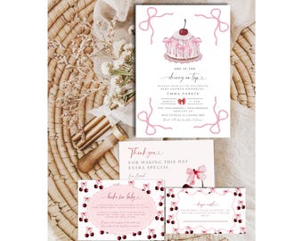 Cherry Baby Shower Invitation, Cherry on top Invite Set, Coquette Pink Bow Berries, Girl Baby Shower, Editable Instant Download, Ch7