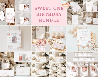 May include: A collection of party supplies with a "Sweet One Birthday Bundle" theme. The image features invitations, signs, cupcake toppers, and other decorations in soft pink and white tones, with illustrations of donuts and ice cream.