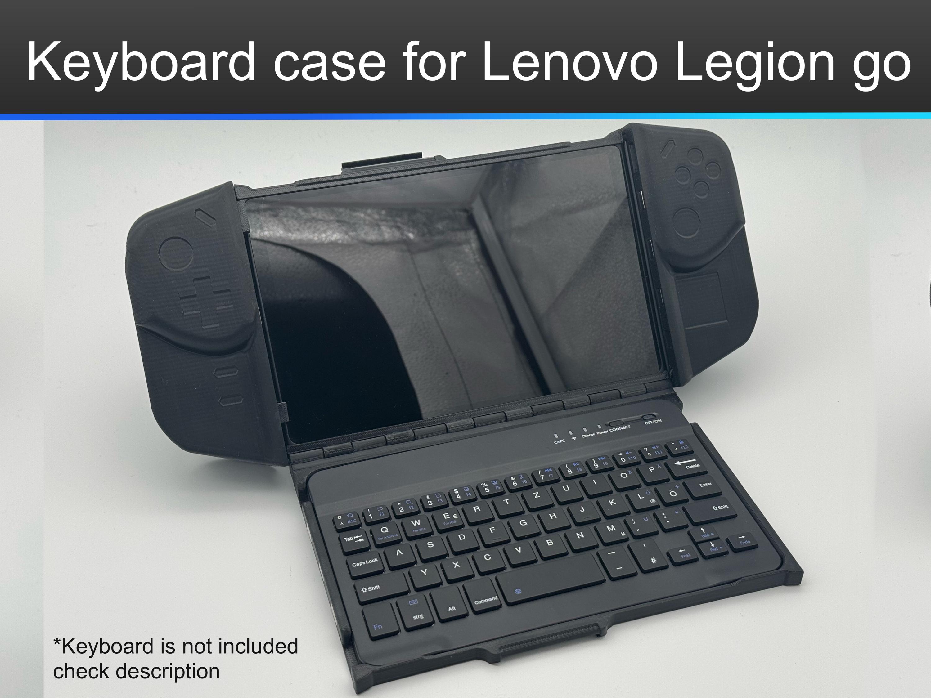 Keyboard case for Lenovo legion go, hybrid case which includes folding/removable keyboard with controller storage option and comfort grips
