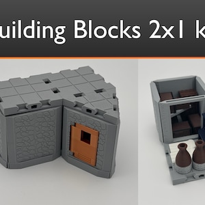 Pode incluir: Um kit de blocos de construção em 3D impresso em cinza com textura de pedra. O kit inclui um edifício de canto com uma porta e uma caixa de armazenamento separada com prateleiras e frascos.