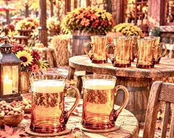 Vintage Handblown Amber Beer Steins, Set of Six