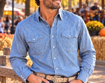 Men's Blue Chambray Pearl Snap Western Shirt, Size M/L