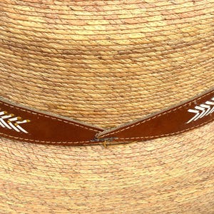 May include: Close-up of a straw hat with a brown leather band. The band is decorated with white and yellow arrow-like designs. The hat has a woven texture and a natural colour.