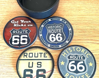 Vintage "Get Your Kicks On Route 66" Thirsty Stone Coasters, Set of 4 with Holder