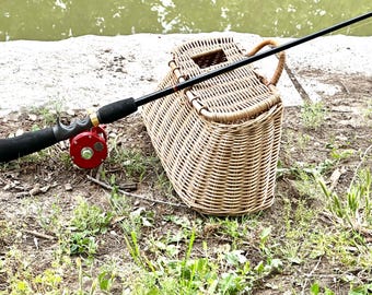 Vintage Wicker Creel Fishing Basket, Made in Hong Kong, 1960s