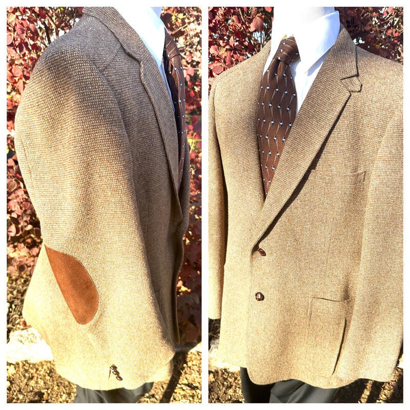 Vintage Classic Brown Tweed Sport Coat with Leather Elbow Patches
