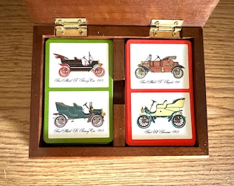 Vintage Wooden Case with Two Decks Antique Cars Playing Cards