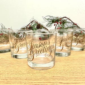 Vintage Season&#39;s Greetings Barware, Old Fashioned Glasses, Set of Five