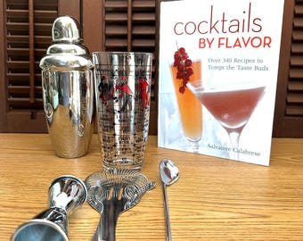 Vintage Barware Cocktail Recipe Glass/Book, Shaker, and Tools