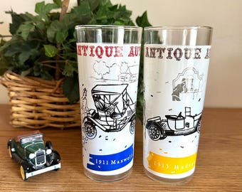 Vintage Anchor Hocking Glassware, Antique Cars, Set of Two High Ball or Tom Collins Barware, 1980s