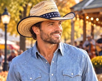 Vintage Men's Straw Hat w Blue Stars and Stripes Hatband,  Size Large or 7 1/4-7 3/8