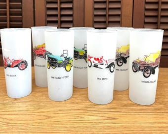 Vintage Federal Glass Antique Automobile Frosted Highball Tumblers, Set of 7