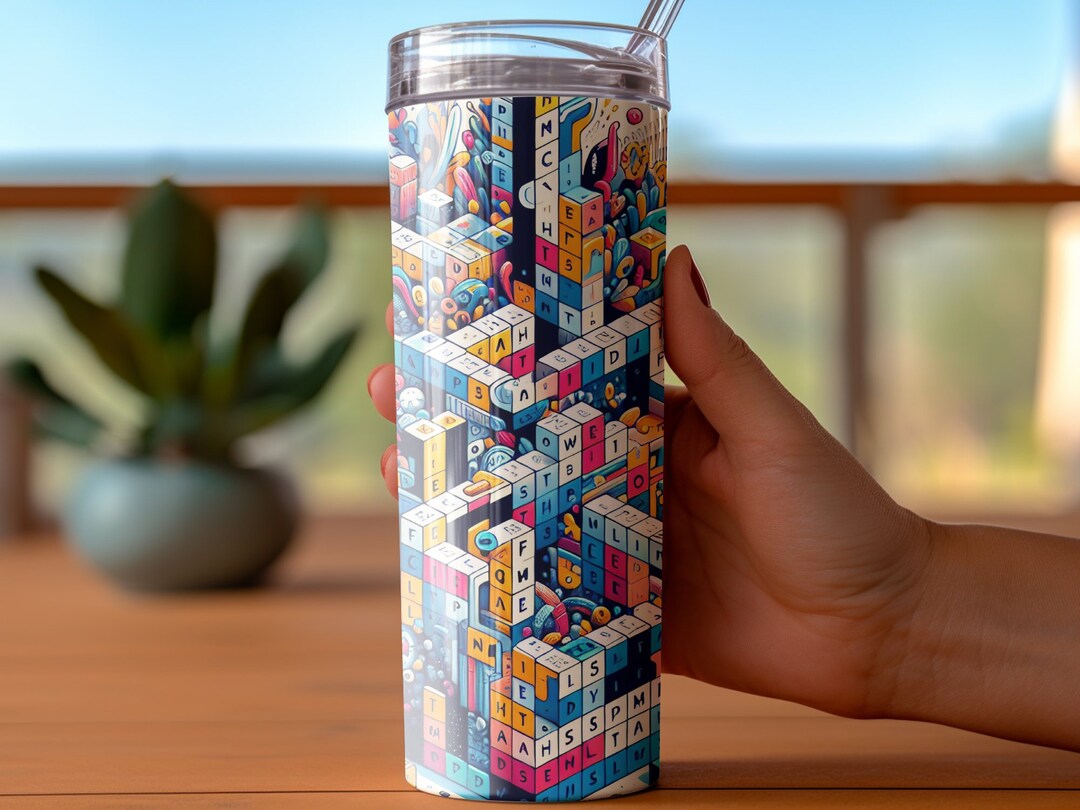 Crossword Puzzle Seamless Tumbler Wrap, Colorful Puzzle Lovers Gift