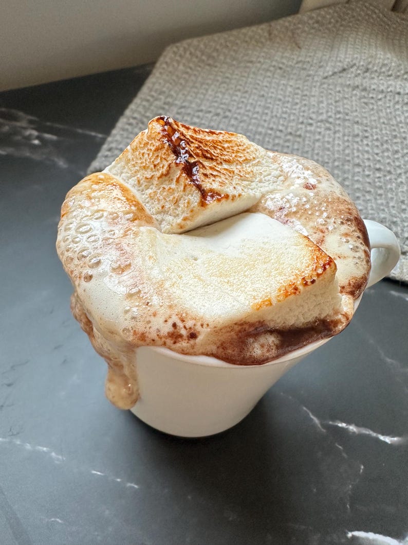 Puede incluir: Una taza de cer&aacute;mica blanca llena de chocolate caliente cubierta con dos malvaviscos grandes tostados. Los malvaviscos son de color marr&oacute;n dorado con bordes carbonizados, y el chocolate l&iacute;quido rebosa el borde de la taza, creando una espuma espesa.