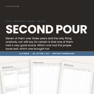 Peut inclure: Un document numérique intitulé SECOND POUR avec un fond noir et du texte blanc. Il comprend 12 pages aux formats US Letter et A4. Il présente des sections telles que What this book is not, The visits, continued et The pot, tea by tea.