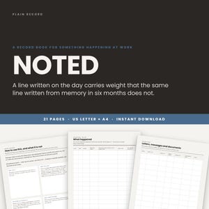 May include: A digital record book template titled NOTED, featuring a dark background with white text. The document includes 21 pages in US Letter and A4 sizes, with sections for tracking work events, letters, messages, and documents in a grid format.